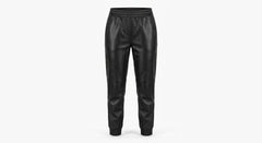 Black faux leather jogger pants with an elastic waistband, shown on a plain white background.