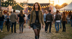 A woman walks down a gravel path at an outdoor festival at sunset, wearing an olive green suede moto jacket, black top, black leather mini skirt, and black boots.