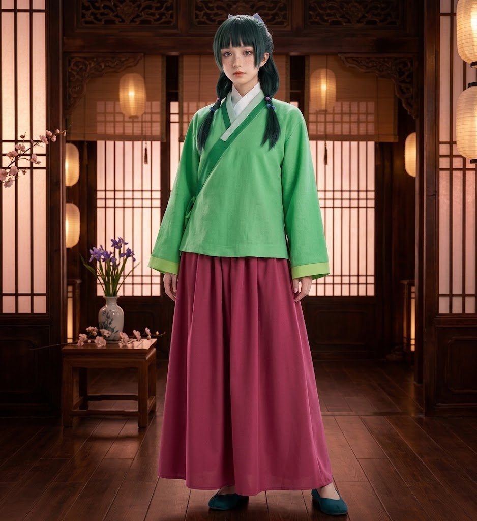 A person wearing a traditional-style outfit with a bright green long-sleeve top and a long magenta skirt, standing in a wooden interior with lanterns and screens.
