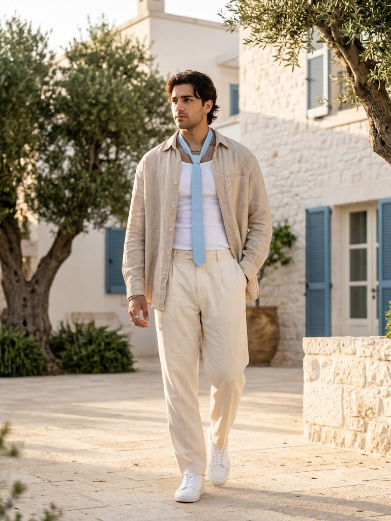 A man walking outdoors in a sunlit Mediterranean-style setting, wearing a light beige overshirt, matching beige trousers, a white tank top, a light blue tie, and white sneakers.