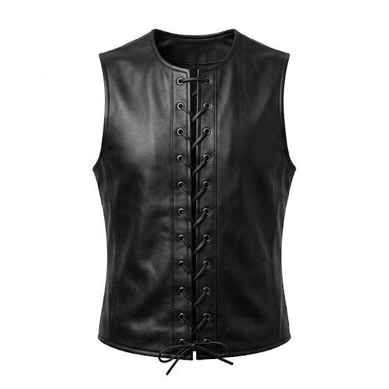 Men’s Genuine Leather Lace-Up Vest – Sleeveless Biker Style