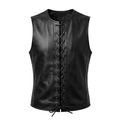 Men’s Genuine Leather Lace-Up Vest – Sleeveless Biker Style