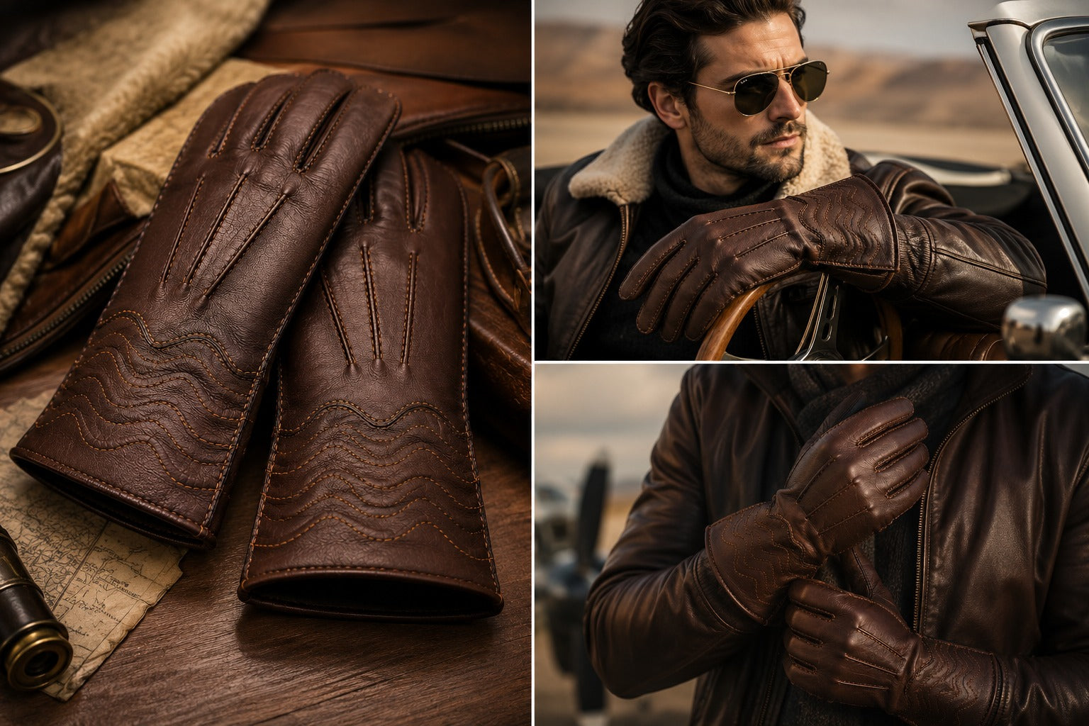 A three-panel collage showcasing dark brown leather gloves. The left panel shows a close-up of the gloves with decorative wave stitching on a wooden table.