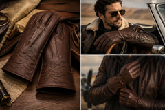 A three-panel collage showcasing dark brown leather gloves. The left panel shows a close-up of the gloves with decorative wave stitching on a wooden table.