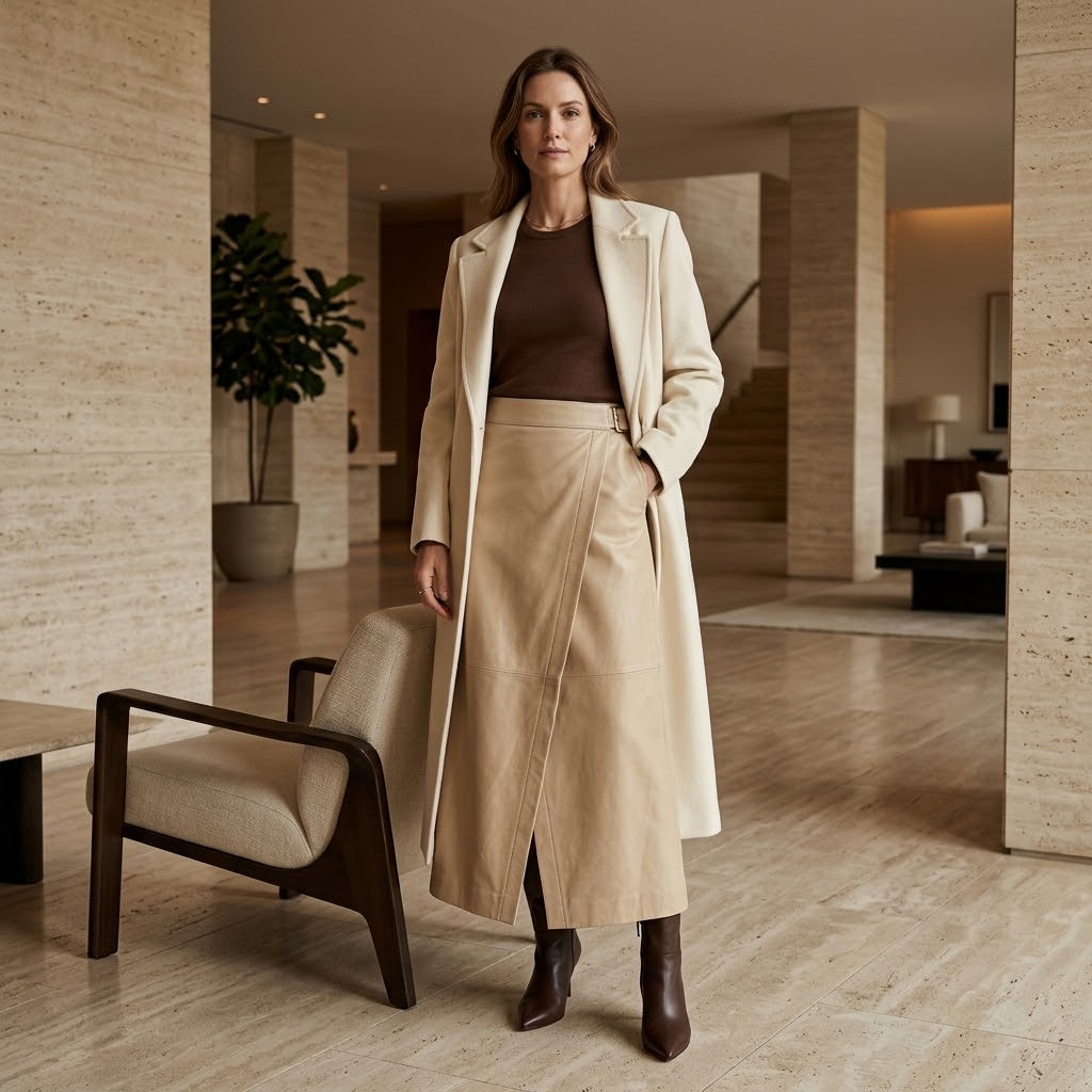 A woman stands in a modern indoor setting wearing a long cream coat over a brown top and a beige midi skirt, paired with dark brown ankle boots.