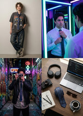 A four-panel collage showing a man in different styled settings: wearing a graphic T-shirt and jeans, adjusting a tie in front of a mirror with neon lighting, taking a mirror selfie in a graffiti-covered alley, and working at a desk with headphones, a laptop, a tie, sunglasses, and a coffee cup.