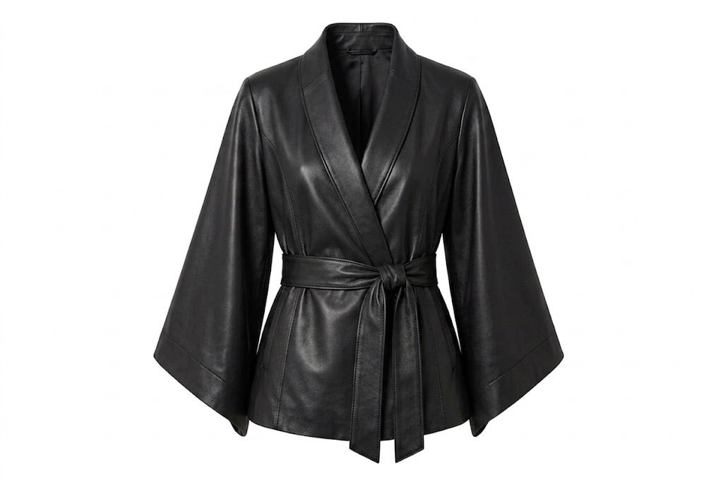 A black leather kimono-style wrap jacket with wide sleeves and a self-tie belt, shown against a plain white background.