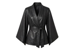 A black leather kimono-style wrap jacket with wide sleeves and a self-tie belt, shown against a plain white background.