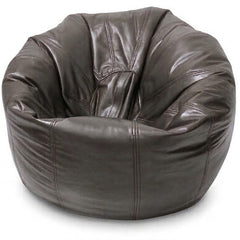A dark brown leather bean bag chair with a rounded, cushioned shape and stitched panel details, shown on a plain white background.