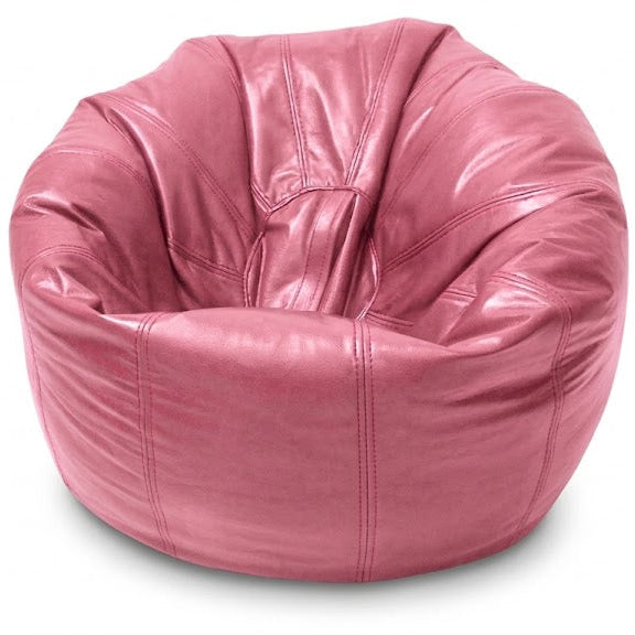 A pink leather bean bag chair with a rounded, cloud-like silhouette and stitched panel details, shown on a plain white background.