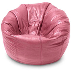 A pink leather bean bag chair with a rounded, cloud-like silhouette and stitched panel details, shown on a plain white background.