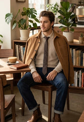 A man sits on a wooden chair in a cozy, book-filled room wearing a tan overshirt, beige sweater, gray tie, blue jeans, and brown boots.