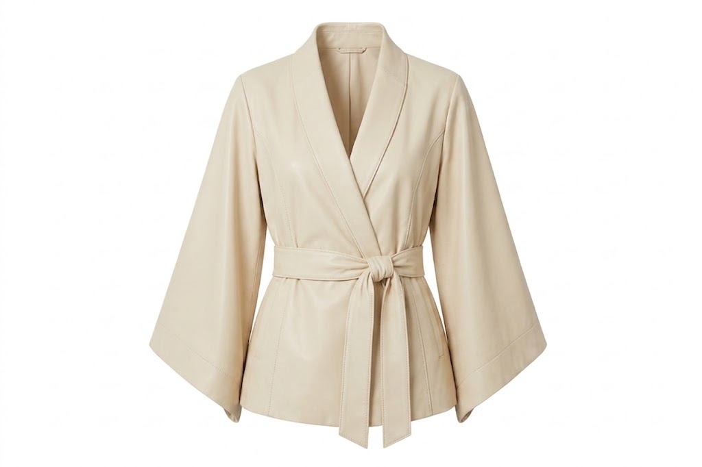 A light beige wrap-style robe or kimono jacket with wide sleeves and a self-tie belt, shown against a plain white background.