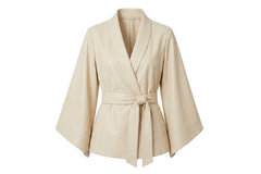 A light beige wrap-style robe or kimono jacket with wide sleeves and a self-tie belt, shown against a plain white background.