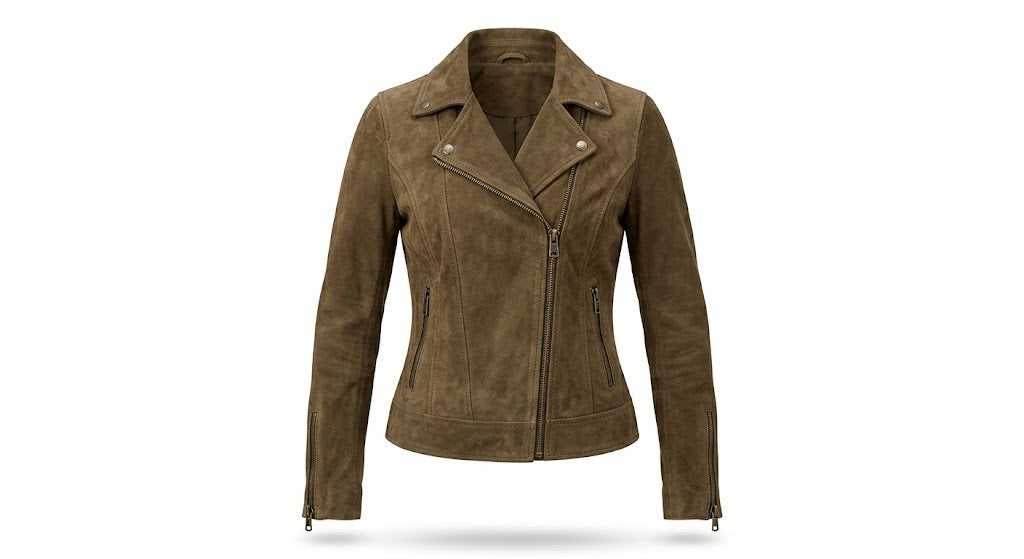 A women's brown faux-suede moto jacket with an asymmetrical zipper, pointed lapels, and zippered hand pockets, shown on a plain white background.