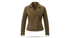 A women's brown faux-suede moto jacket with an asymmetrical zipper, pointed lapels, and zippered hand pockets, shown on a plain white background.