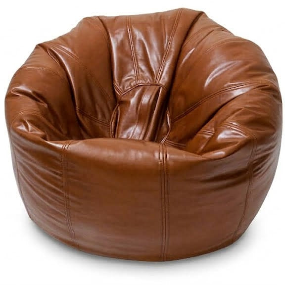 A round, low-profile bean bag chair upholstered in smooth brown leather, shown against a plain white background.