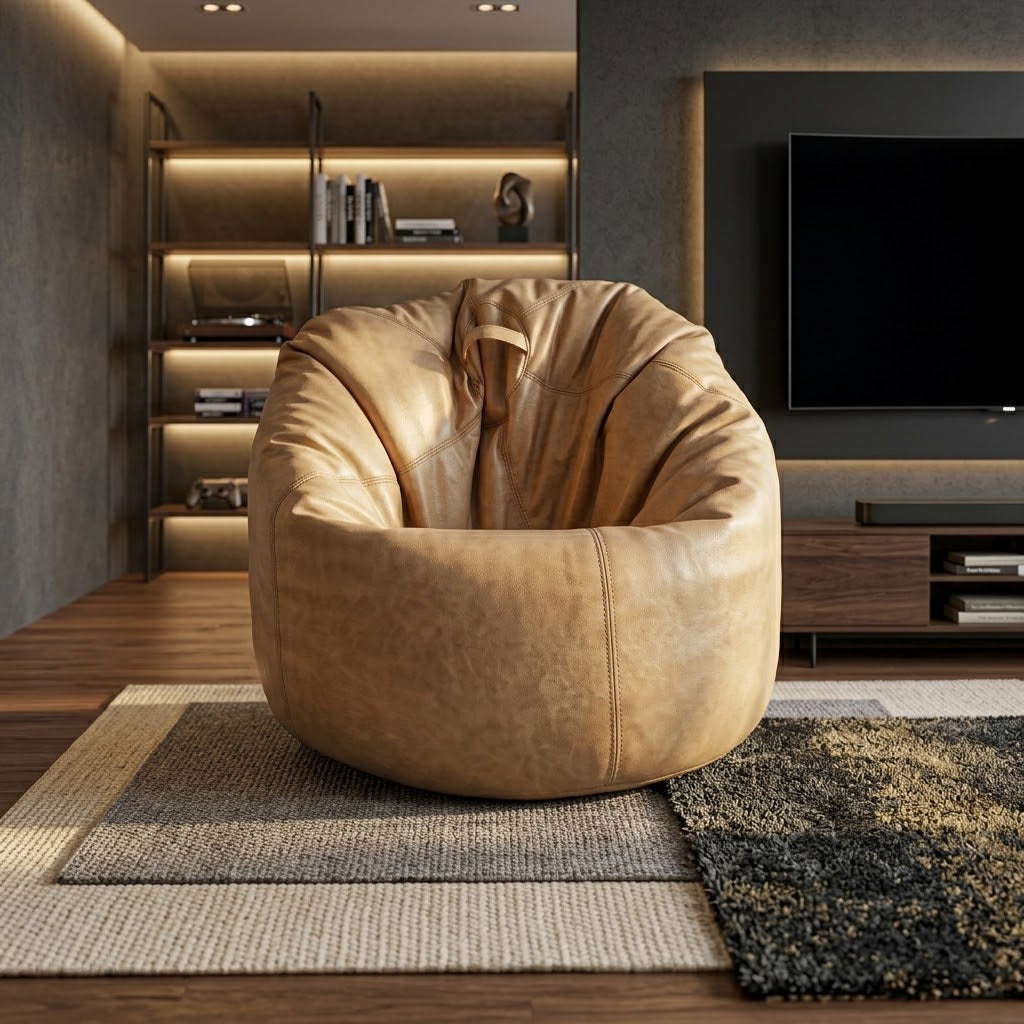 A round, low-profile tan leather armchair or beanbag-style chair placed in a modern living room with wood flooring, layered rugs, shelving, and a television in the background.