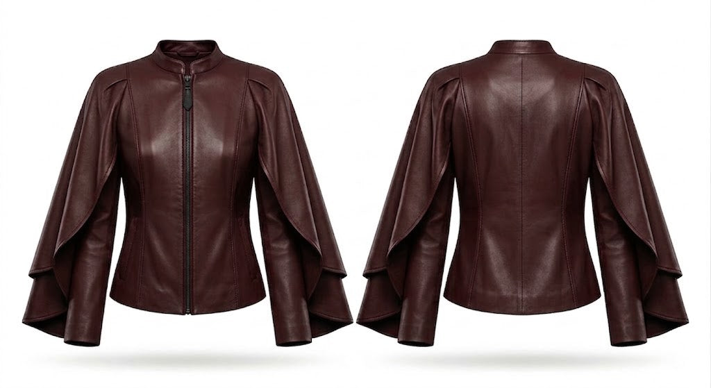 A dark brown faux leather jacket shown from both the front and back views. The jacket features a stand-up collar, a front zipper, and dramatic, layered batwing sleeves with a flared hem.