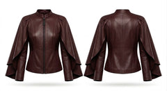 A dark brown faux leather jacket shown from both the front and back views. The jacket features a stand-up collar, a front zipper, and dramatic, layered batwing sleeves with a flared hem.