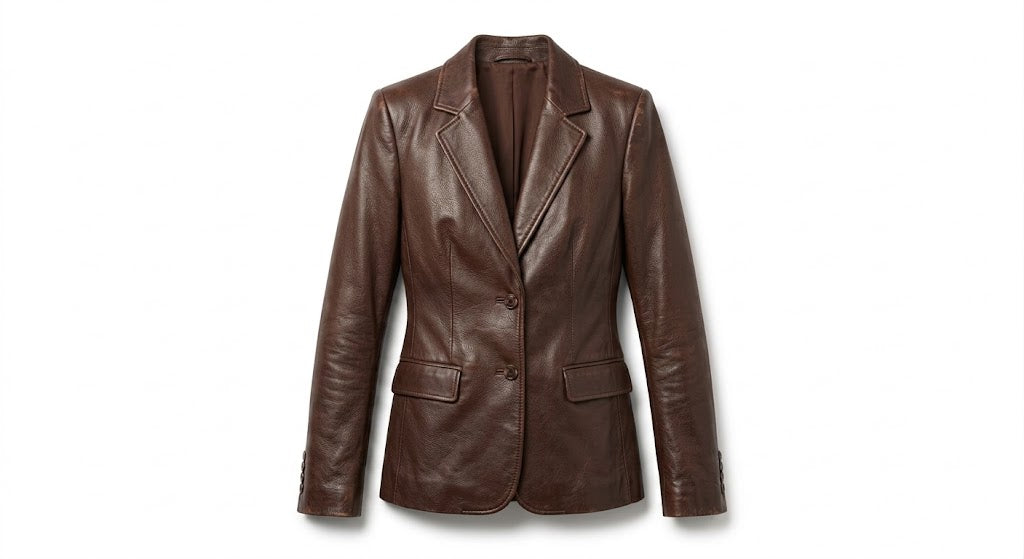 A dark brown leather blazer jacket with notch lapels and a two-button front closure, displayed on a clean white background.