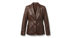 A dark brown leather blazer jacket with notch lapels and a two-button front closure, displayed on a clean white background.