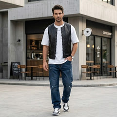 Men’s Genuine Leather Lace-Up Vest – Sleeveless Biker Style