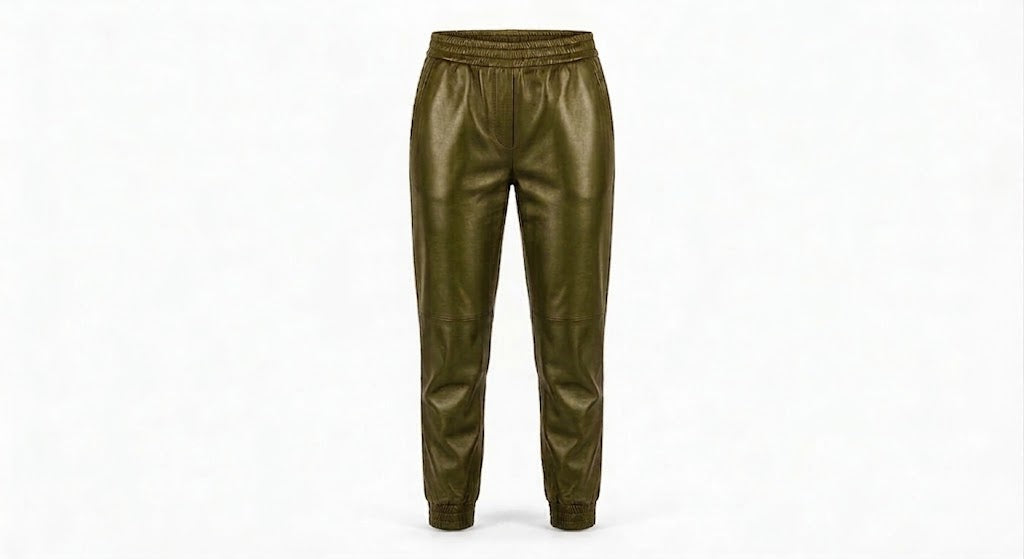 Olive green leather jogger pants with an elastic waistband and ribbed ankle cuffs, shown on a plain white background.