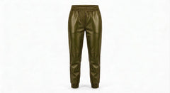 Olive green leather jogger pants with an elastic waistband and ribbed ankle cuffs, shown on a plain white background.