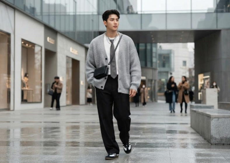 A man walking in a modern outdoor shopping district, wearing a light gray knit cardigan over a white shirt and dark tie, paired with black trousers and black-and-white sneakers.