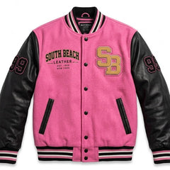 A pink and black varsity jacket with 'South Beach Leather' text and 'SB' monogram on the front, displayed against a solid white background.
