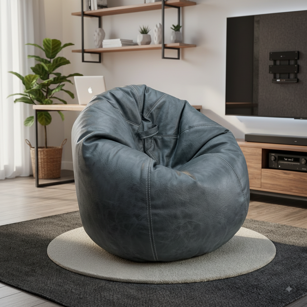 A large, rounded dark gray faux-leather bean bag chair with a front tie closure, sitting on a round beige rug in a modern living room setting.