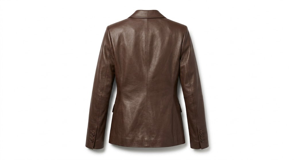 A brown leather blazer shown from the back, featuring a smooth texture and classic collar, displayed on a clean white background.
