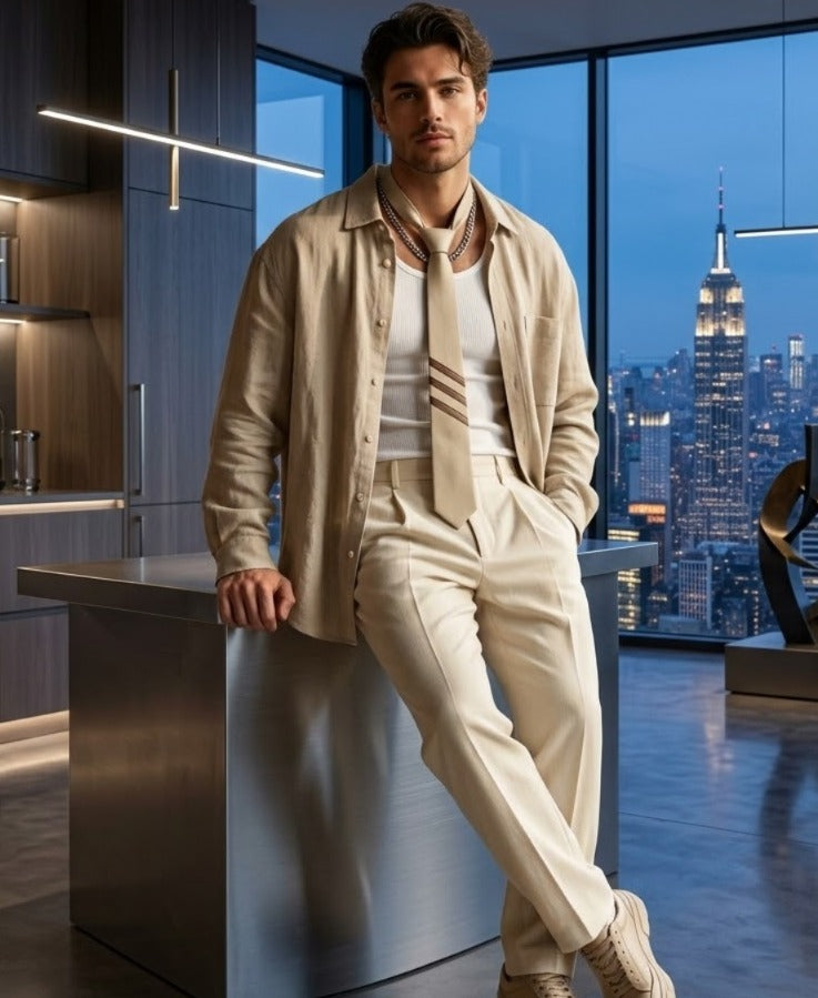 A man wearing a beige linen-blend shirt jacket, matching trousers, and a striped tie leans against a modern kitchen island with a city skyline window behind him.