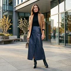 A woman stands outdoors in front of a modern glass building, wearing a tan blazer over a black turtleneck and a dark navy wrap skirt with black ankle boots.