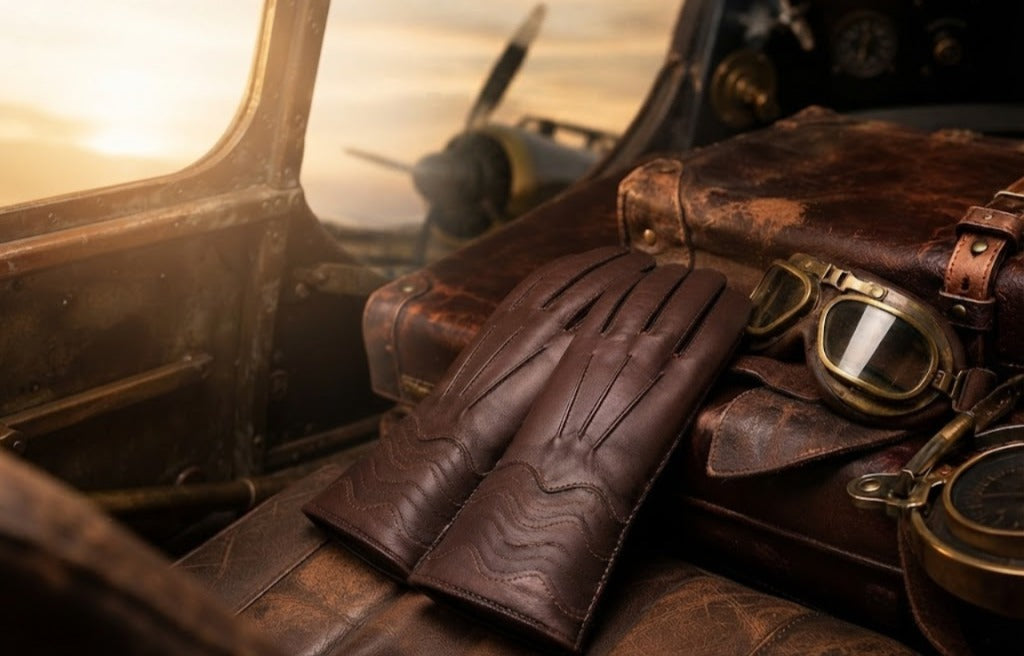 A pair of dark brown leather gloves laid on top of a vintage leather suitcase inside an airplane cockpit, with aviator goggles and a compass nearby.
