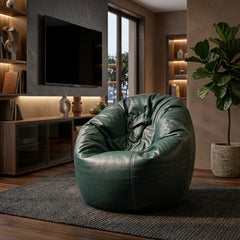 A dark green leather bean bag armchair in a modern living room setting with a TV, shelves, and a potted plant.
