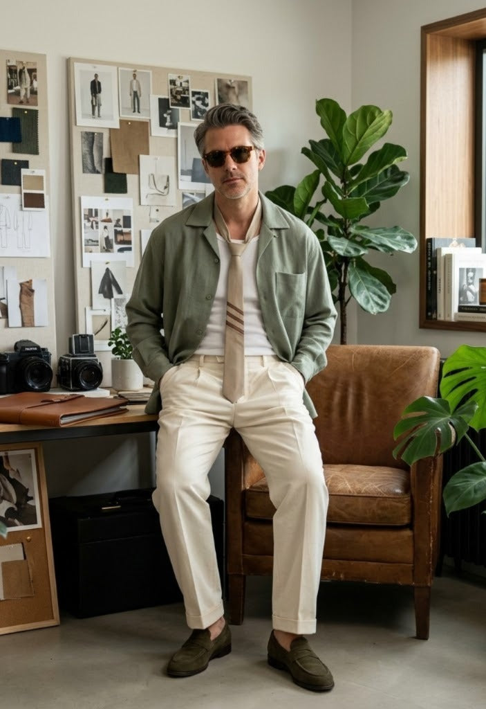 A man wearing a sage green overshirt, cream trousers, a beige striped tie, and olive loafers sits in a brown leather armchair in a styled office setting with plants and a desk.