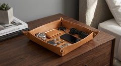 A tan leather organizer tray with metal corner hardware sits on a dark wood nightstand, holding a watch, wallet, keys, sunglasses, phone, and coins. A small potted plant and books are visible on the left, with a sofa in the background.