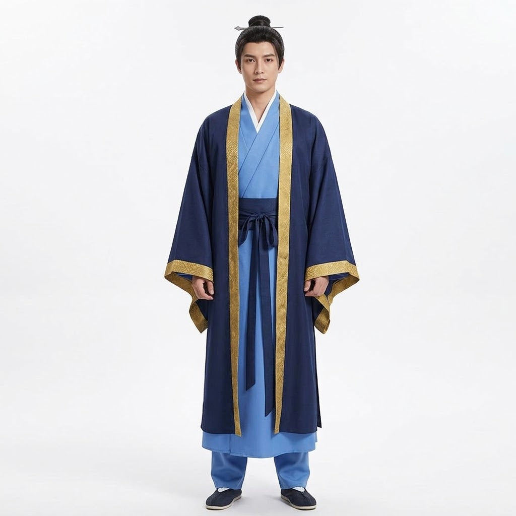 A man wearing a traditional Chinese Hanfu outfit with a navy blue outer robe, light blue inner garments, and gold trim, standing against a plain white studio background.