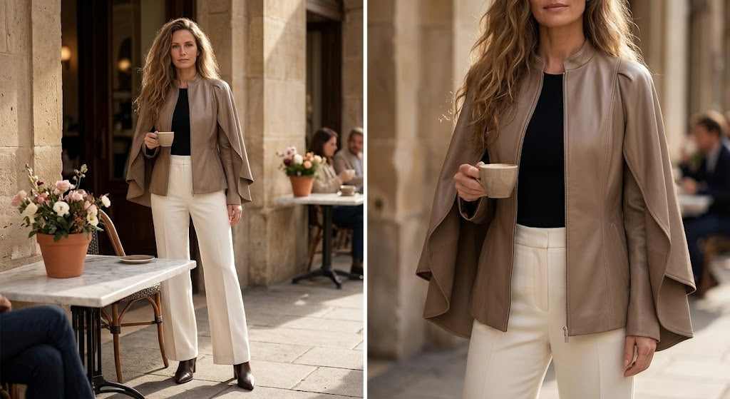 A woman wearing a taupe-brown draped jacket, white wide-leg pants, and a black top stands in a sunlit outdoor cafe setting, holding a cup. The image is a side-by-side composite showing a full-body view on the left and a closer cropped view on the right.