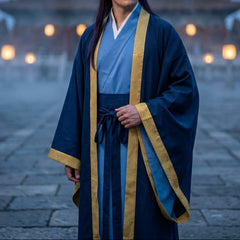 A man wearing a traditional Chinese-style robe in navy blue and light blue with gold trim, standing in a courtyard with ancient buildings and glowing lanterns in the background.