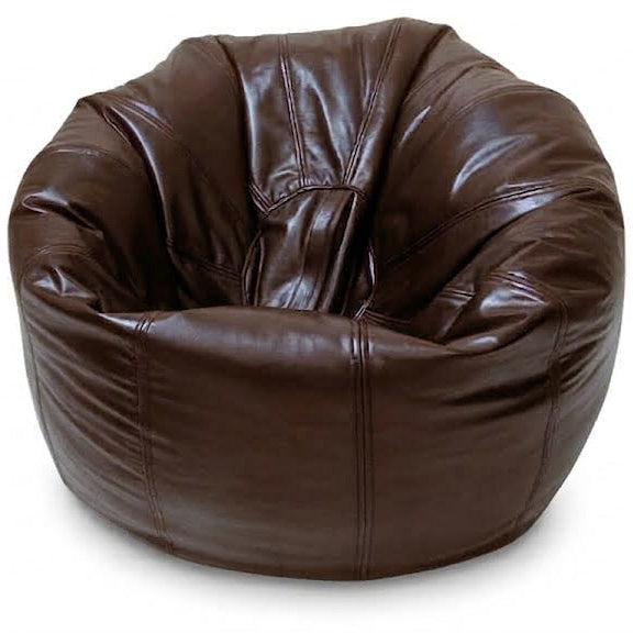 A round, deep-seated bean bag chair upholstered in dark brown  leather, shown against a plain white background.