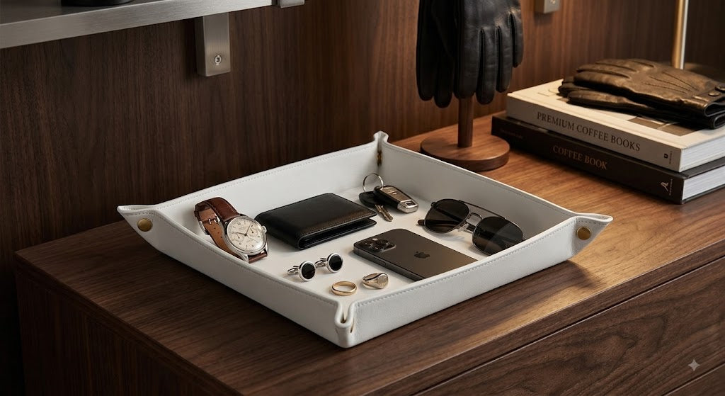 A white leather organizer tray with brass corner hardware, styled on a dark wood dresser holding a watch, wallet, sunglasses, earrings, and a smartphone. Books and a black glove stand are visible in the background.