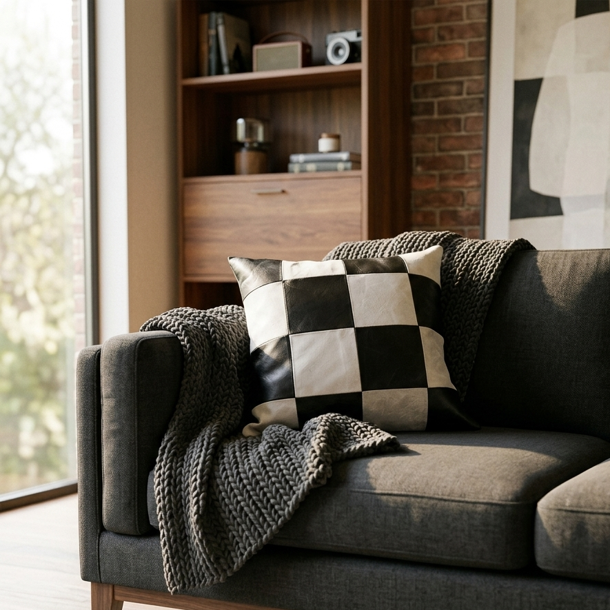 Black and white leather checkered throw pillow styled on a modern charcoal grey sofa in natural light.