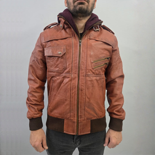 Men's Removable Hoodie Waxed Brown Leather Jacket