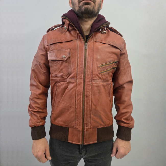 Men's Removable Hoodie Waxed Brown Leather Jacket