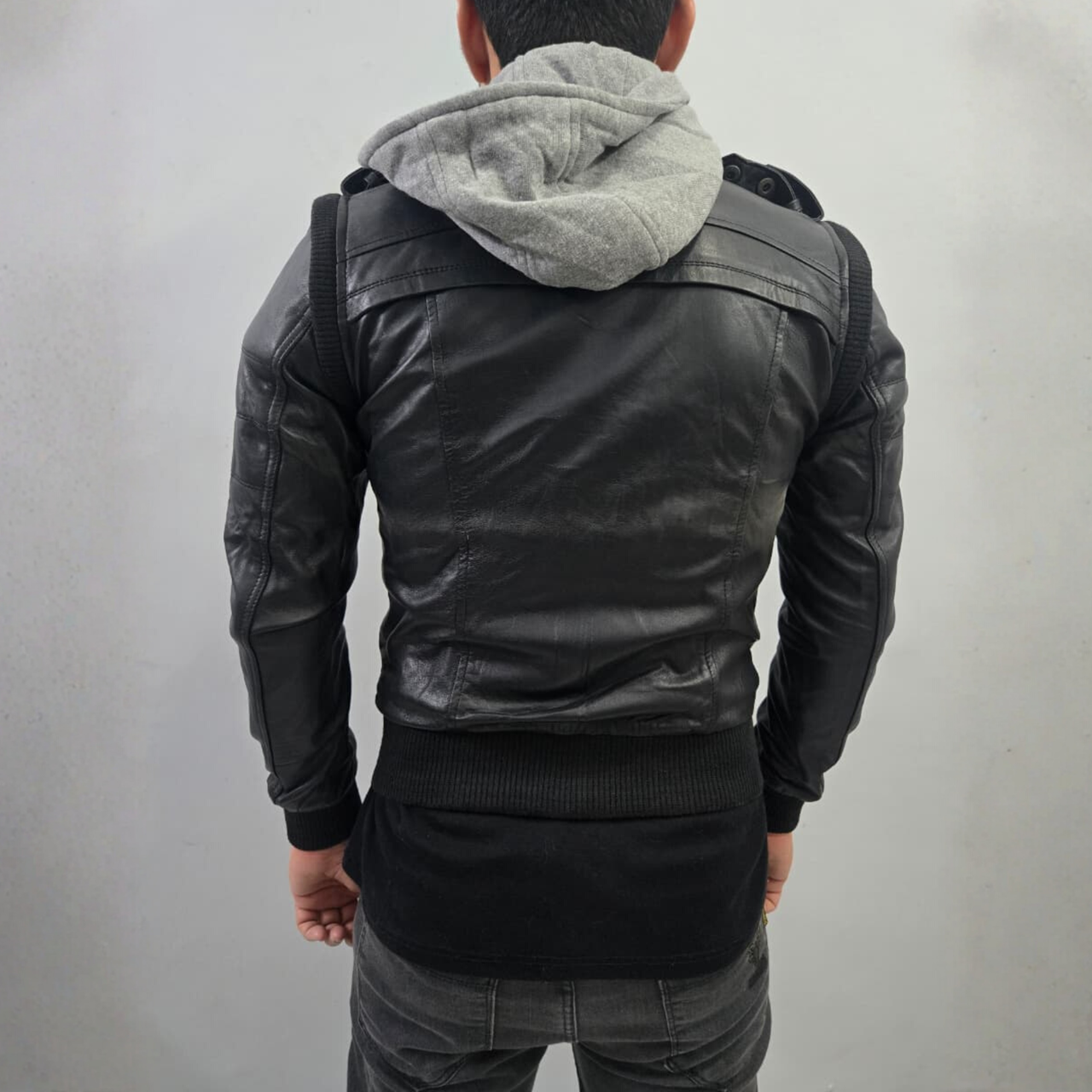 Men's Removable Hoodie Cafe Racer Motorcycle Black Leather Jacket