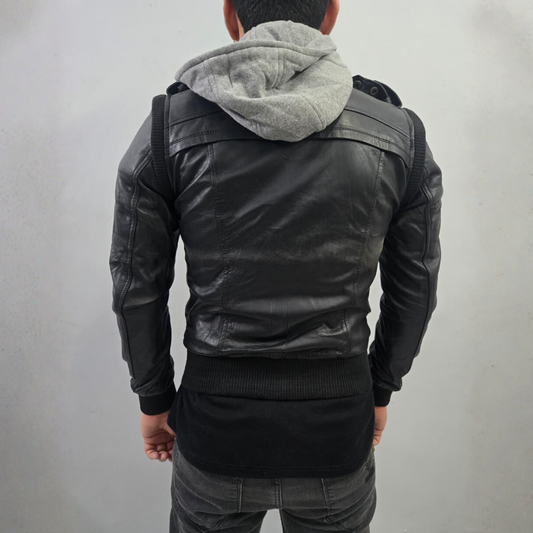 Men's Removable Hoodie Cafe Racer Motorcycle Black Leather Jacket