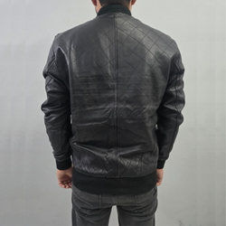 Men's Black Baseball Letterman Varsity Quilted Genuine Leather Bomber Jacket